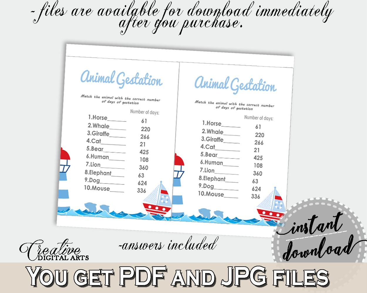 Animal Gestation Baby Shower Animal Gestation Nautical Baby Shower Animal Gestation Baby Shower Nautical Animal Gestation Blue Red DHTQT - Digital Product