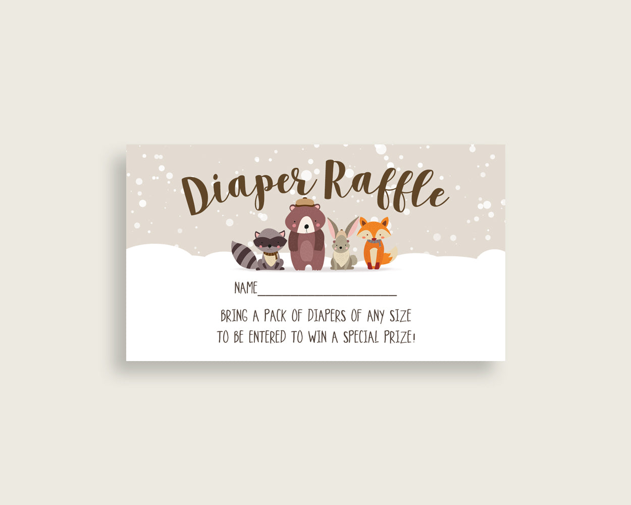 Winter Woodland Baby Shower Diaper Raffle Tickets Game, Gender Neutral Beige Brown Diaper Raffle Card Insert and Sign Printable RM4SN