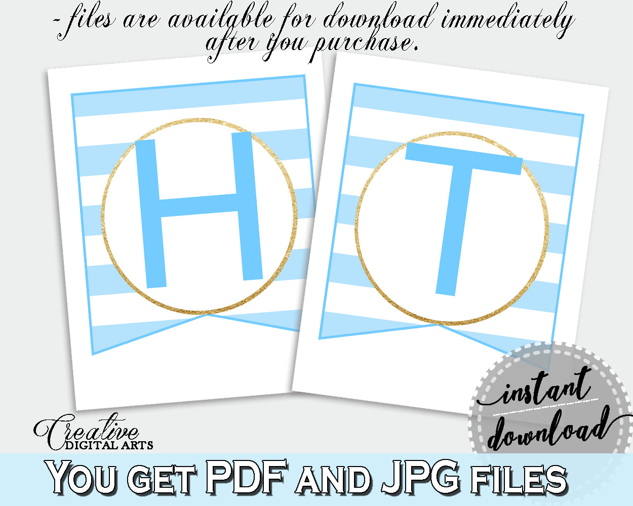 Baby shower BANNER printable decoration with blue and white stripes, glitter all letters, digital files, instant download - bs002