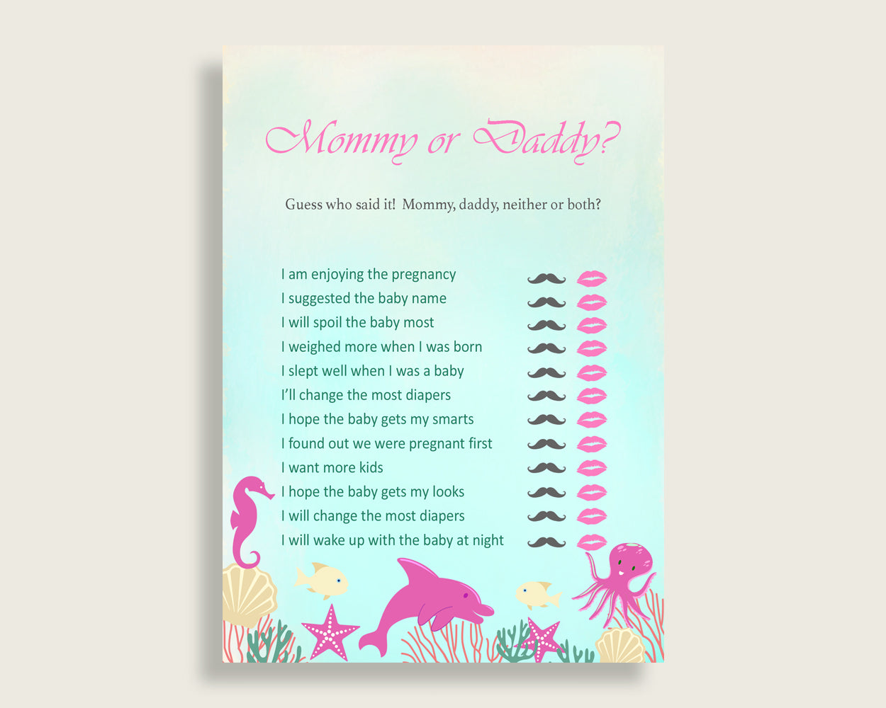 Pink Green Mommy Or Daddy Baby Shower Girl Game Printable, Under The Sea Guess Who Said It, He Said She Said, Instant Download, uts01