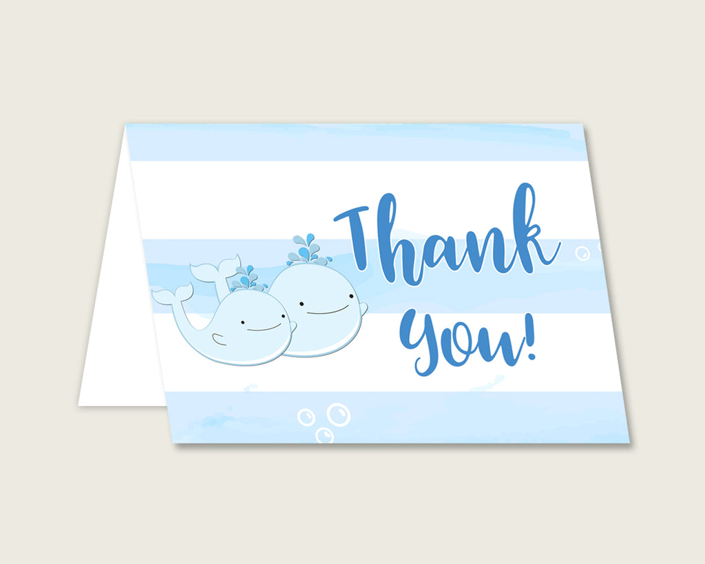 Blue White Thank You Cards Printable, Whale Baby Shower Thank You Notes, Boy Shower Thank You Folded, Instant Download, Light Blue wbl01