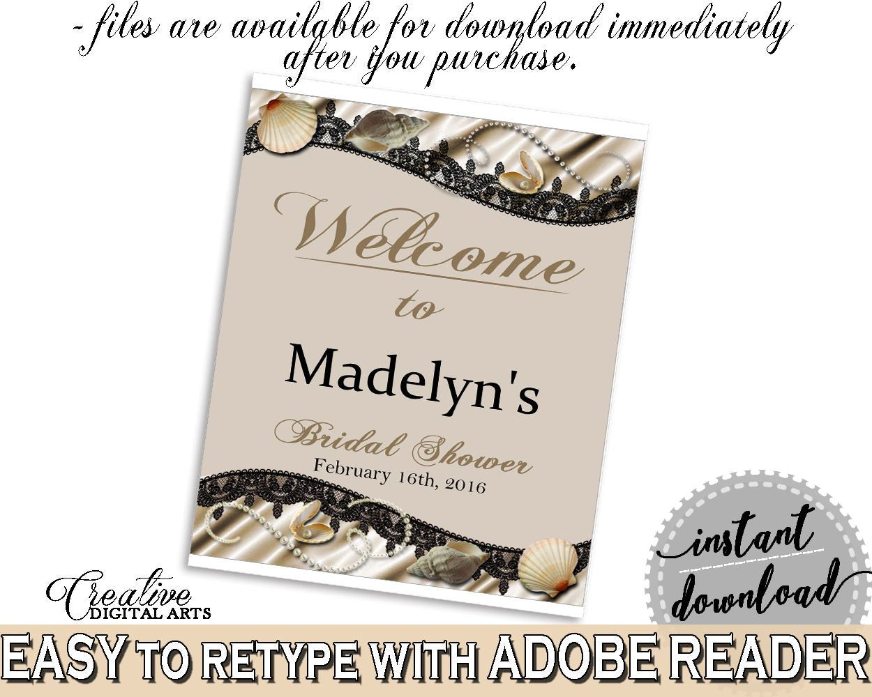 Bridal Shower Welcome Sign Editable in Seashells And Pearls Bridal Shower Brown And Beige Theme, entrance sign, party ideas - 65924 - Digital Product