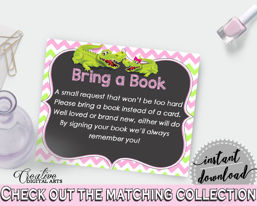 Baby shower BRING A BOOK insert cards printable for baby shower with green alligator and pink color theme, instant download - ap001
