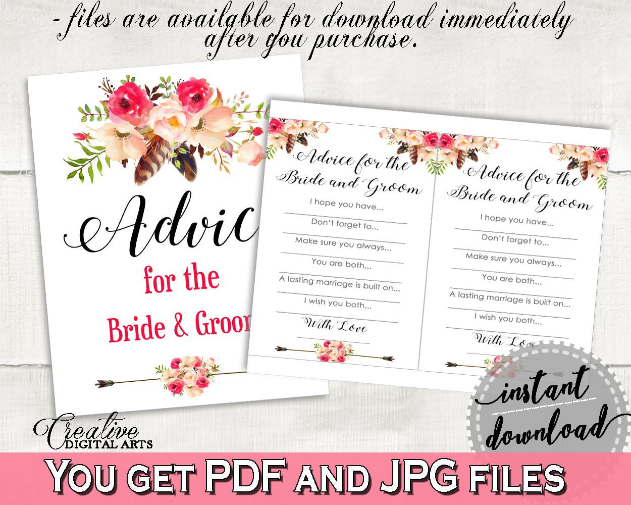 Advice For The Bride And Groom in Bohemian Flowers Bridal Shower Pink And Red Theme, wedding templates, boho chic, party decor - 06D7T - Digital Product