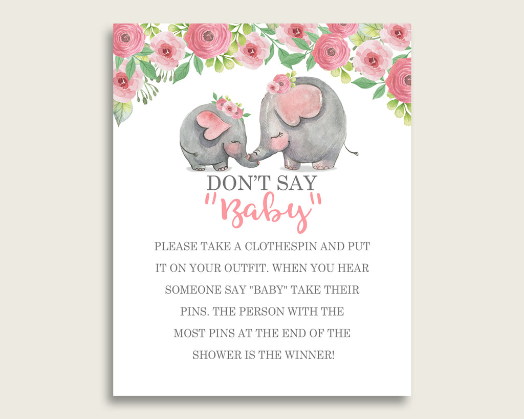 Pink Grey Don't Say Baby Printable Game, Girl Baby Shower Pink Elephant Game Sign, Instant Download, 8x10, Flower Little Peanut ep001