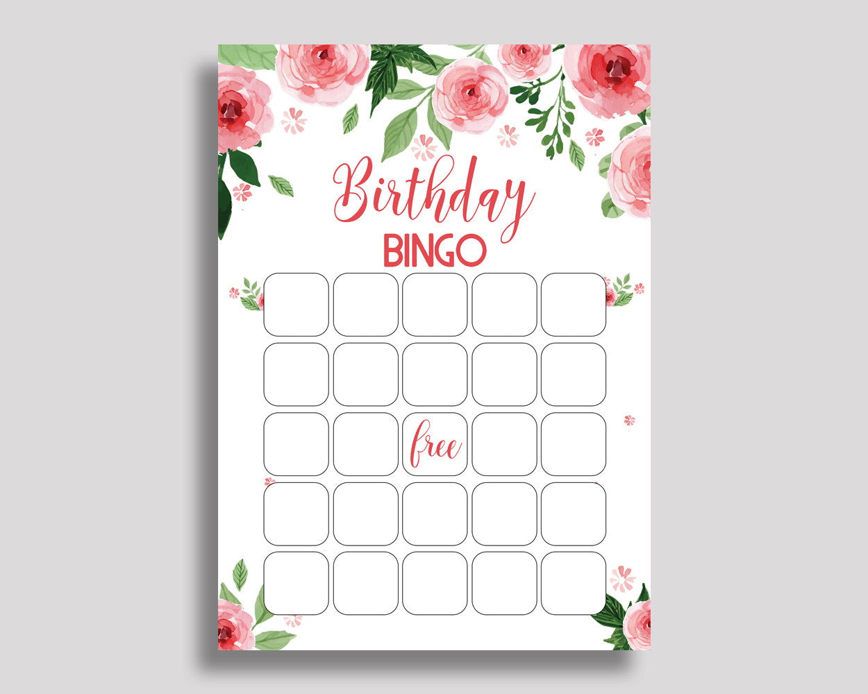 Birthday Game Watercolor Flowers Gift Bingo Watercolor Flowers Birthday Bingo Pink Green Party Activity Girl SLEPQ