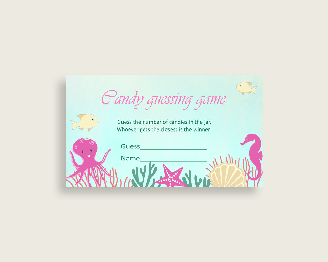 Pink Green Candy Guessing Game, Under The Sea Baby Shower Girl Sign And Cards, Guess How Many Candies, Candy Jar Game, Jelly Beans uts01