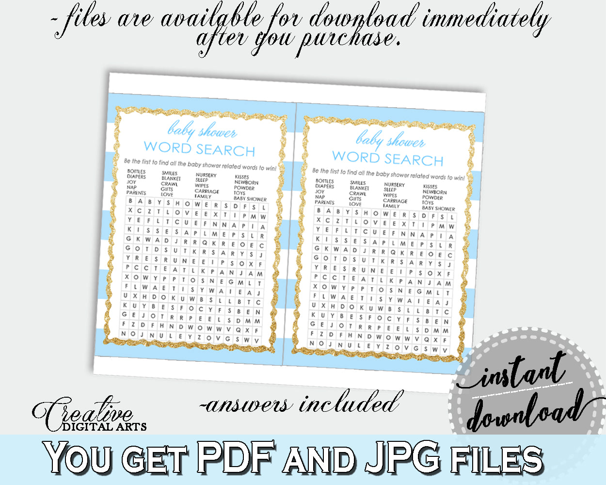 Baby Shower printable WORD SEARCH game with blue and white stripes, digital files jpg pdf, instant download - bs002