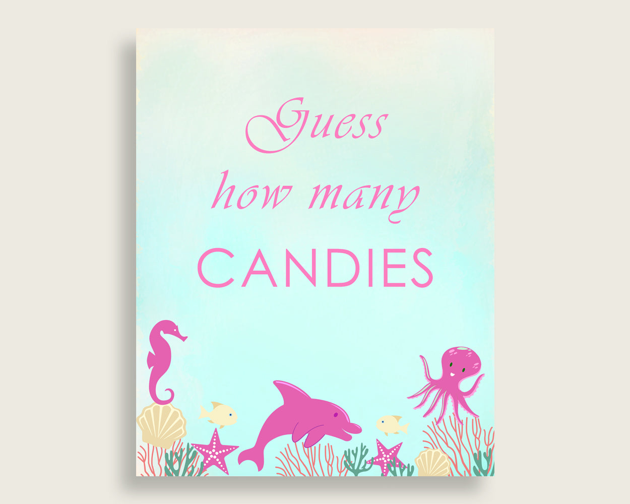 Pink Green Candy Guessing Game, Under The Sea Baby Shower Girl Sign And Cards, Guess How Many Candies, Candy Jar Game, Jelly Beans uts01