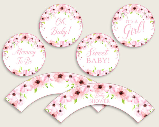 Flower Blush Cupcake Toppers, Pink Green Cupcake Wrappers, Toppers Wrappers Baby Shower Girl, Instant Download, Cute Flowers Flowers VH1KL