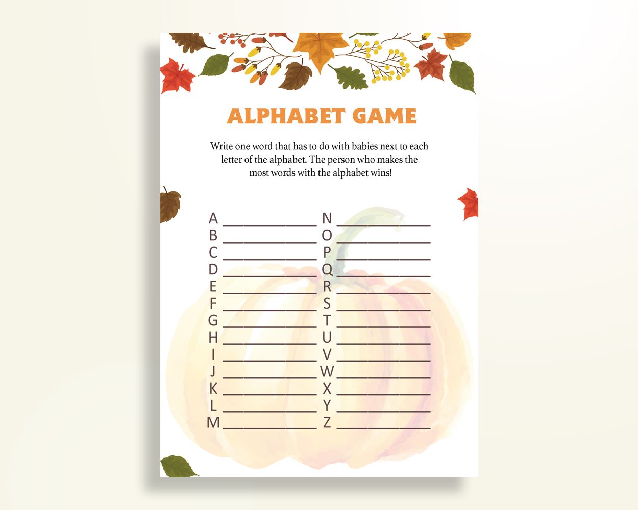 Alphabet Game Baby Shower Abc Game Autumn Baby Shower Alphabet Game Baby Shower Pumpkin Abc Game Orange Brown shower activity OALDE - Digital Product