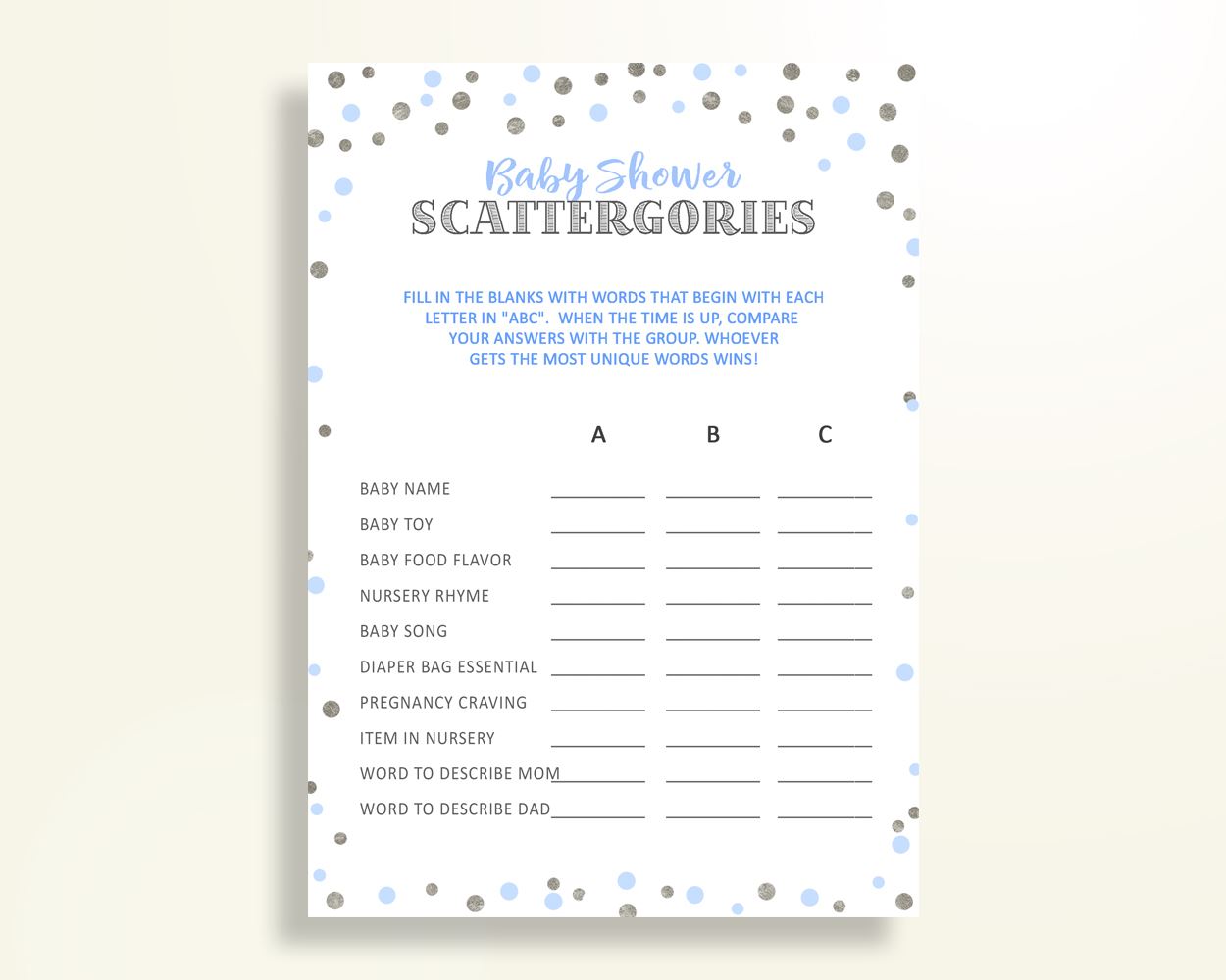 Scattergories Baby Shower Scattergories Blue And Silver Baby Shower Scattergories Blue Silver Baby Shower Blue And Silver OV5UG - Digital Product