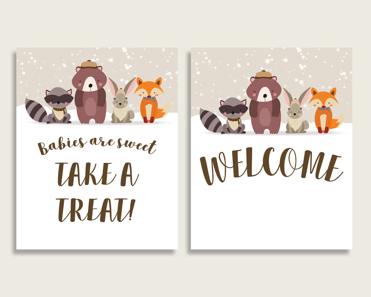 Winter Woodland Baby Shower Gender Neutral Table Signs Printable, Beige Brown Party Table Decor, Favors, Food, Drink, Treat, Guest RM4SN