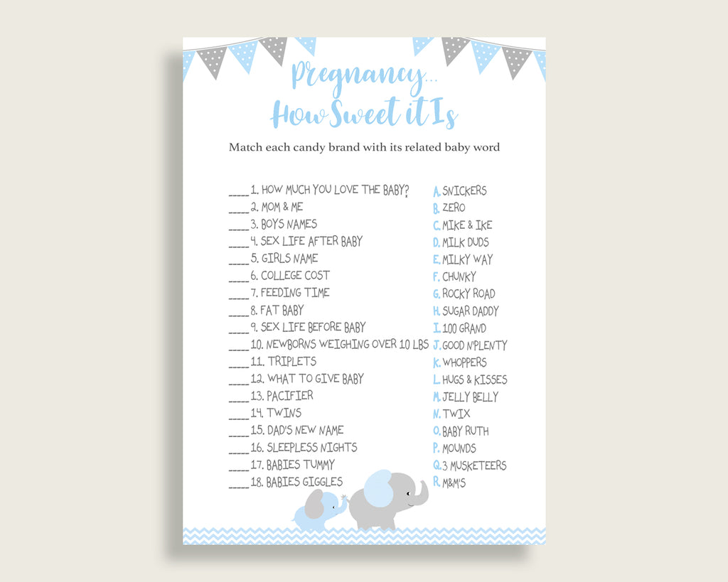 Blue Grey Pregnancy How Sweet It Is Game, Elephant Baby Shower Boy, Printable Candy Bar Match Game, Instant Download, Most Popular ebl02
