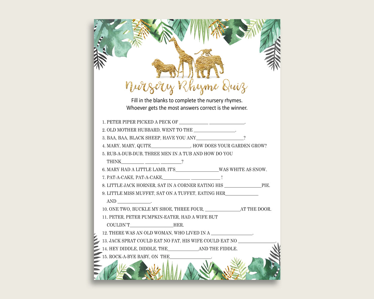 Jungle Nursery Rhyme Quiz Printable, Gold Green Nursery Rhyme Game, Gold Green Baby Shower Gender Neutral Activities, Instant EJRED