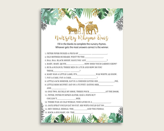 Jungle Nursery Rhyme Quiz Printable, Gold Green Nursery Rhyme Game, Gold Green Baby Shower Gender Neutral Activities, Instant EJRED