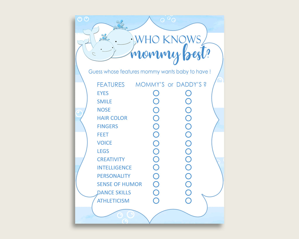 Blue White Who Knows Mommy Best Game, Guess The Features, Whale Baby Shower Boy, How Well Do You Know Parents To Be, Instant Download, wbl01