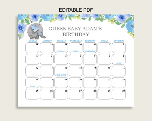 Blue Gray Guess Baby Due Date Calendar Game Printable, Elephant Blue Baby Shower Boy Birthday Prediction Calendar Editable, Instant ebl01