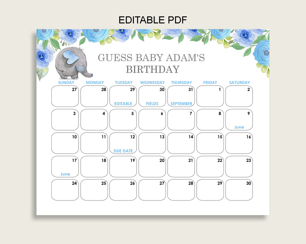 Blue Gray Guess Baby Due Date Calendar Game Printable, Elephant Blue Baby Shower Boy Birthday Prediction Calendar Editable, Instant ebl01