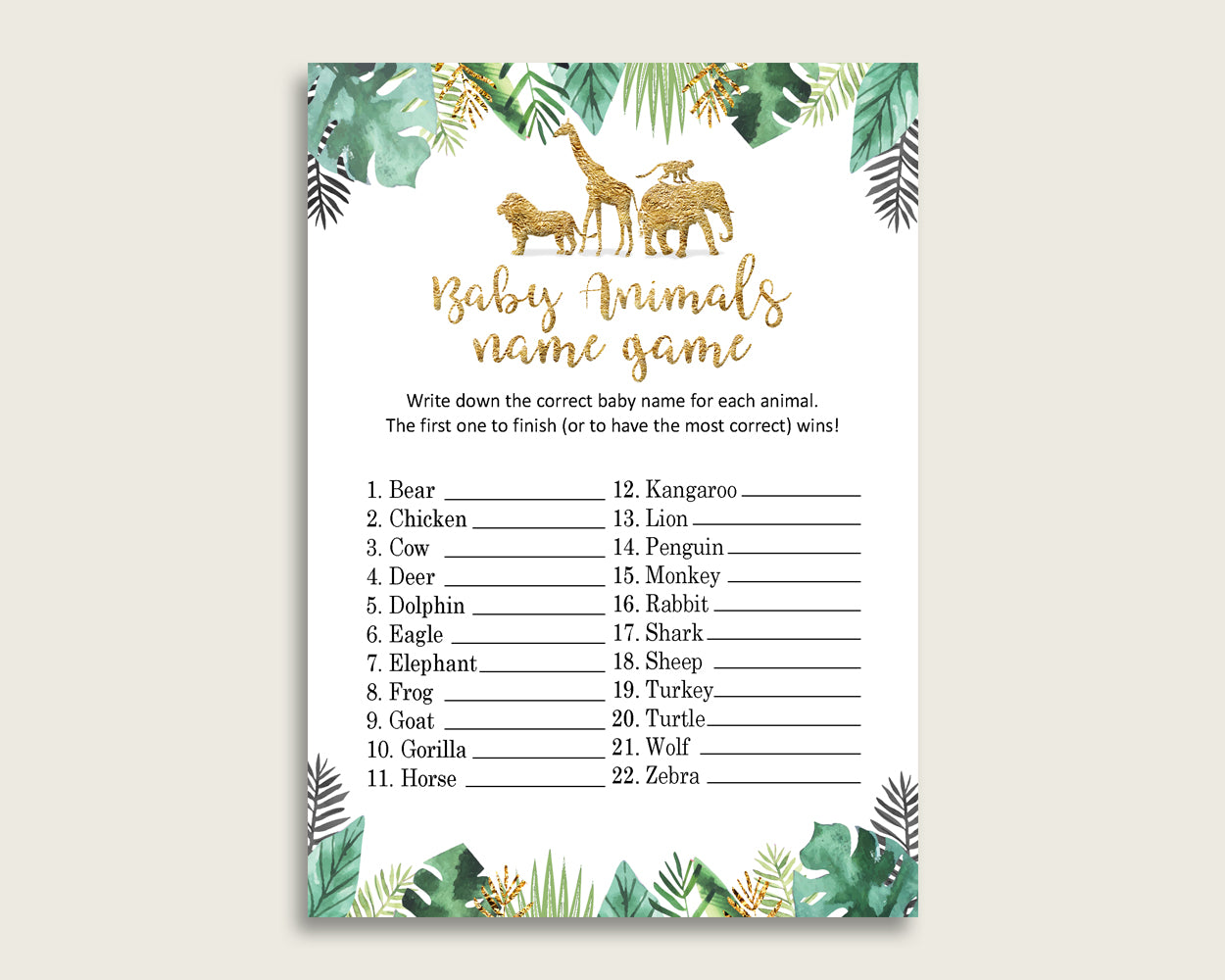 Jungle Name The Baby Animals Game Printable, Gold Green Baby Shower Animal Game, Gender Neutral Baby Shower, Instant Download, EJRED