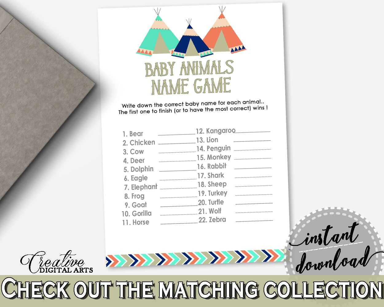 Baby Animal Names Baby Shower Baby Animal Names Tribal Teepee Baby Shower Baby Animal Names Baby Shower Tribal Teepee Baby Animal KS6AW - Digital Product