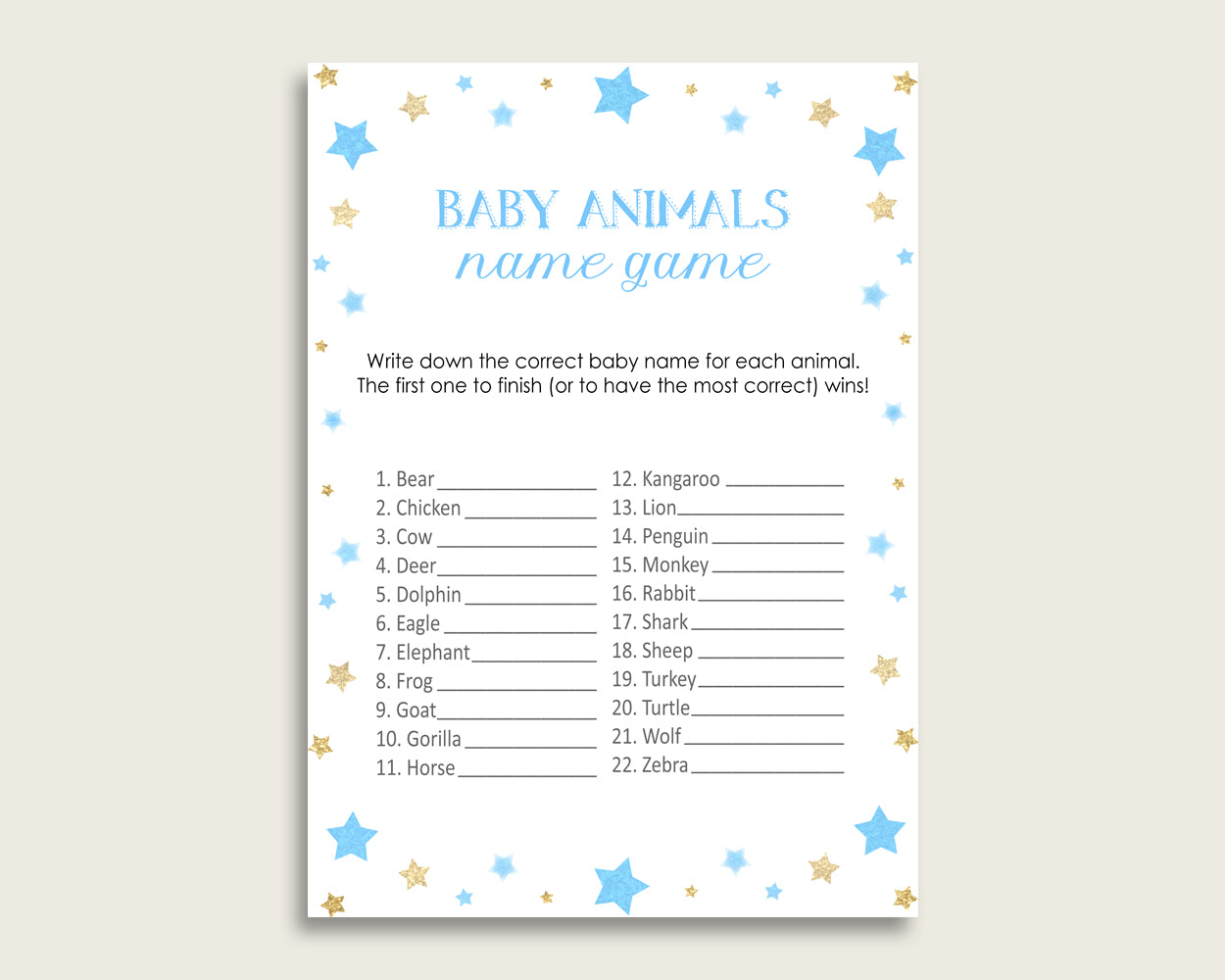 Stars Name The Baby Animals Game Printable, Blue Gold Baby Shower Animal Game, Boy Baby Shower, Instant Download, Moon Glitter Stars, bsr01