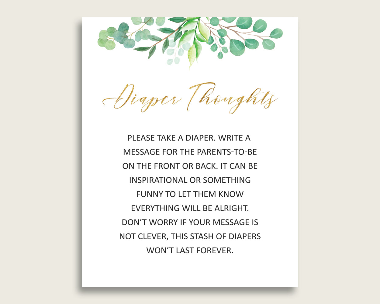 Greenery Baby Shower Diaper Thoughts Printable, Gender Neutral Green Gold Late Night Diaper Sign, Words For Wee Hours, Write On Diaper Y8X33