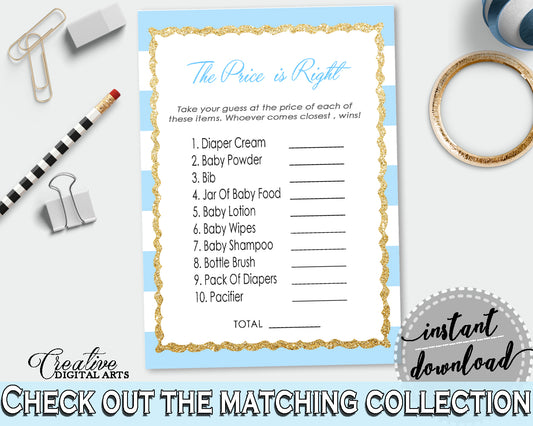 Baby Shower The PRICE IS RIGHT printable game with blue and white stripes, digital files Jpg Pdf, instant download - bs002