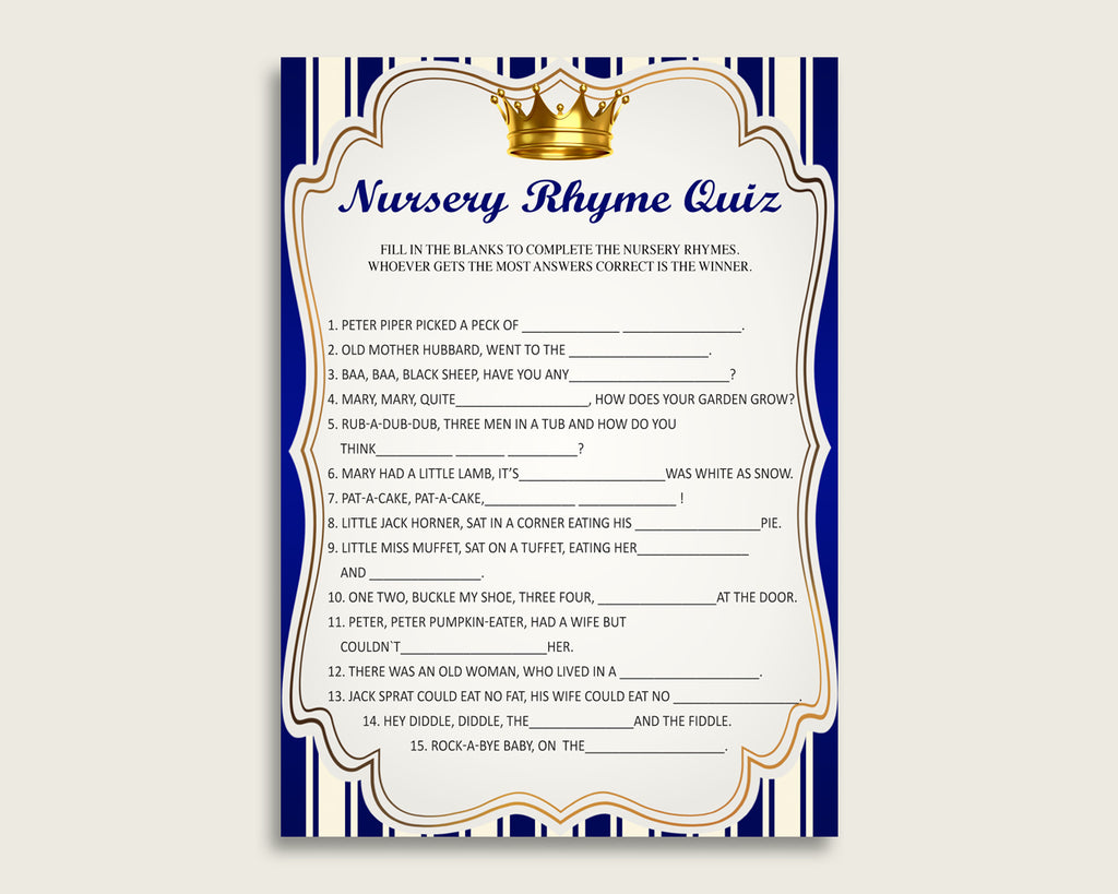 Royal Prince Nursery Rhyme Quiz Printable, Blue Gold Nursery Rhyme Game, Blue Gold Baby Shower Boy Activities, Instant Download, rp001