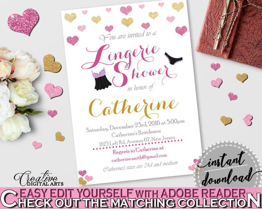 Gold And Pink Glitter Hearts Bridal Shower Theme: Lingerie Shower Invitation Editable - bridal lingerie,  bridal affection, prints - WEE0X - Digital Product