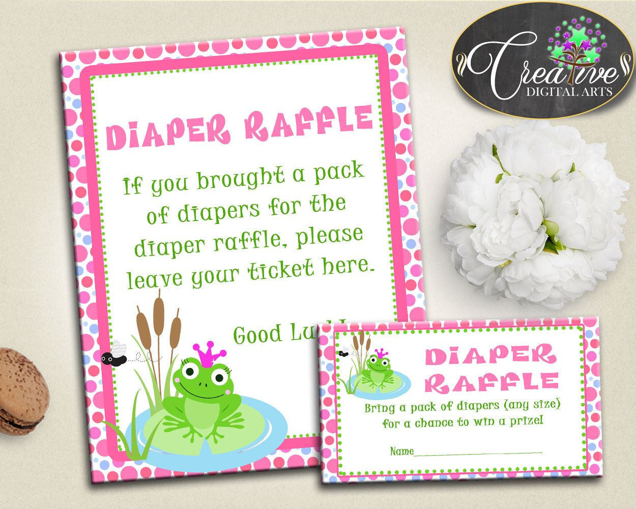 Green And Pink Baby Prince Charming Bring Diapers Ticket Printable DIAPER RAFFLE, Instant Download, Shower Celebration - bsf01 - Digital Product