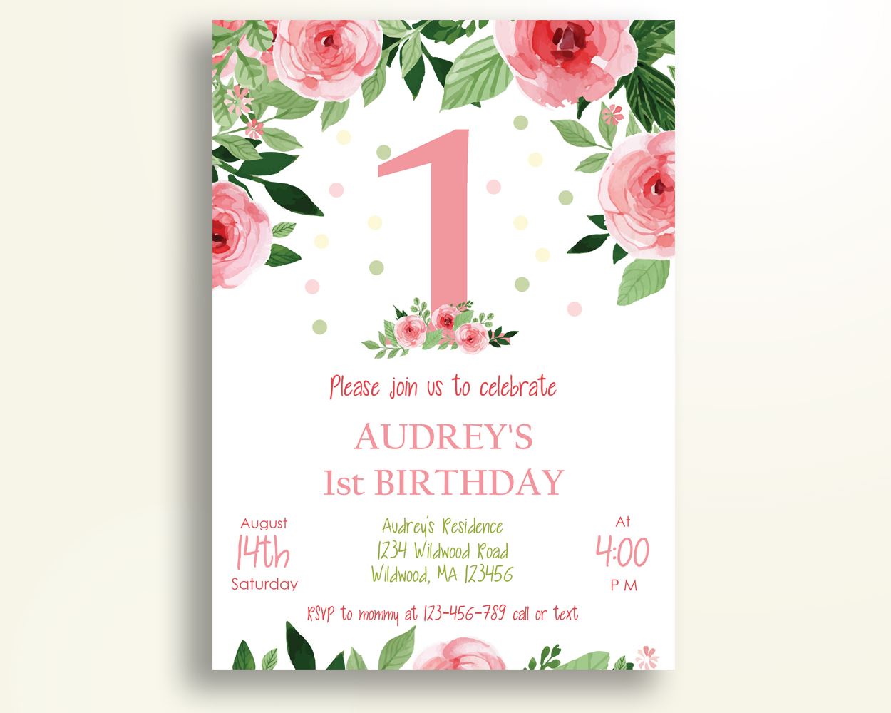 One Birthday Invitation One Birthday Party Invitation One Birthday Party One Invitation Girl first birthday flowers 1st invite CLX73 - Digital Product