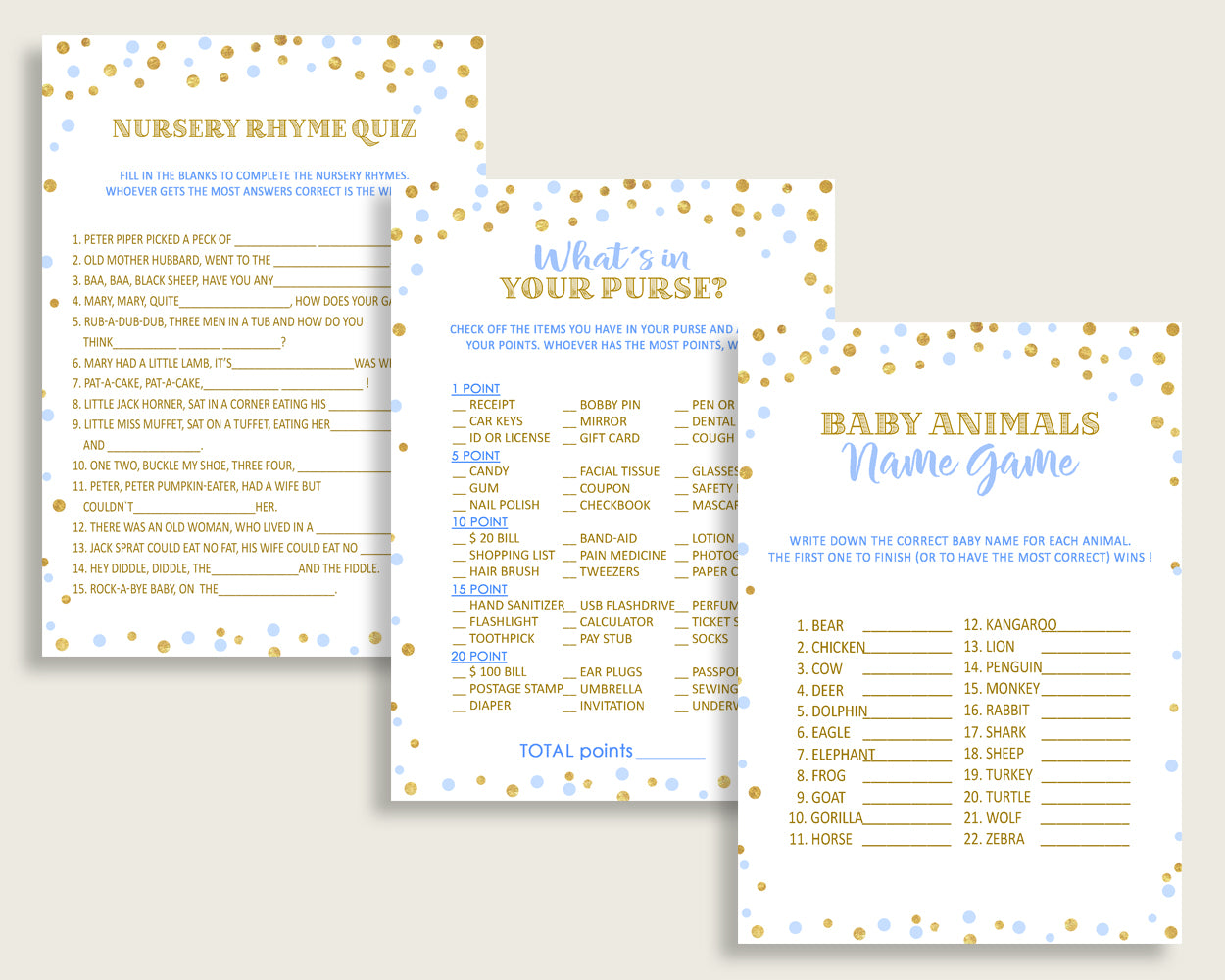 Games Baby Shower Games Confetti Baby Shower Games Blue Gold Baby Shower Confetti Games prints instant download printable pdf jpg cb001