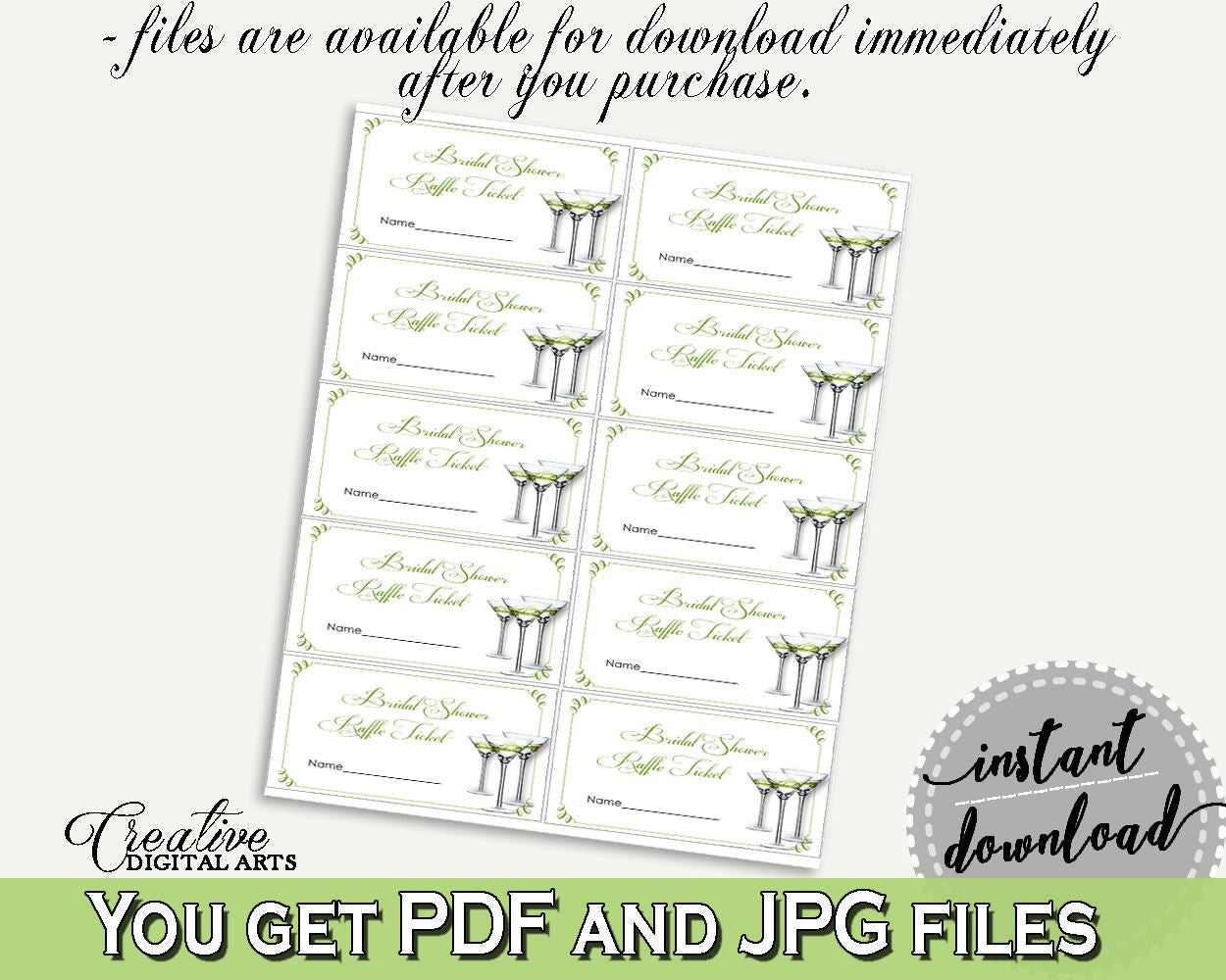 Raffle Ticket Bridal Shower Raffle Ticket Modern Martini Bridal Shower Raffle Ticket Bridal Shower Modern Martini Raffle Ticket Green ARTAN - Digital Product