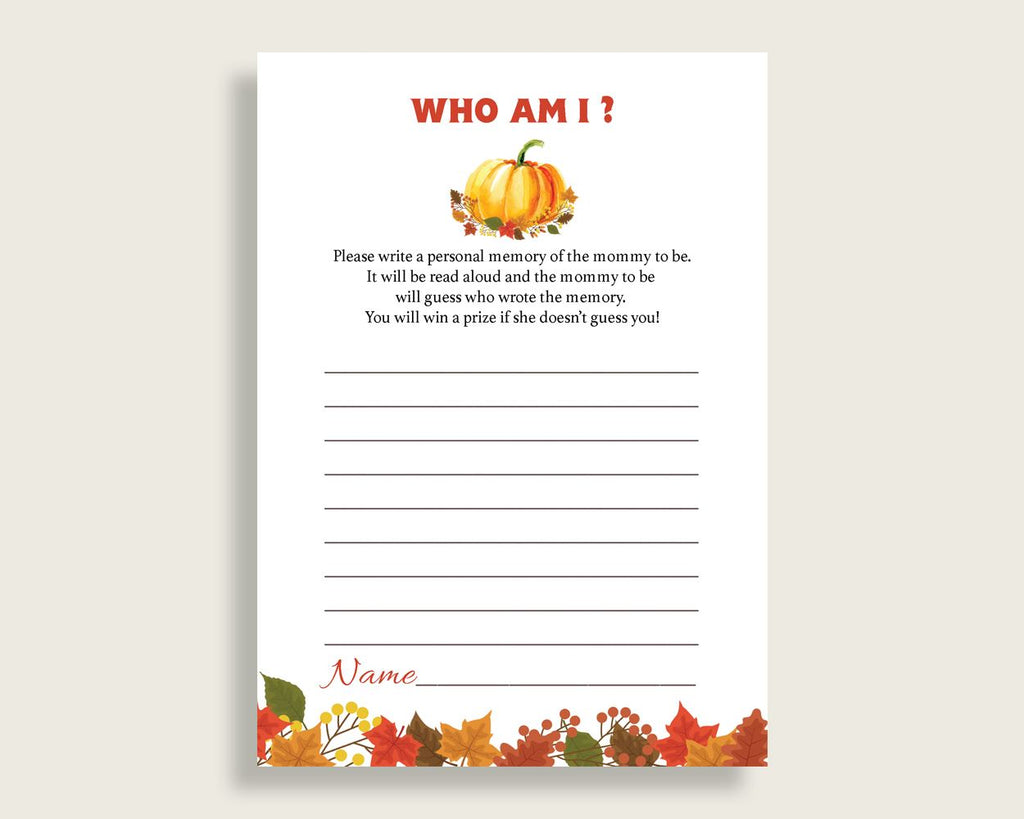 Who Am I Baby Shower Who Am I Fall Baby Shower Who Am I Baby Shower Pumpkin Who Am I Orange Brown party theme party décor prints party BPK3D - Digital Product