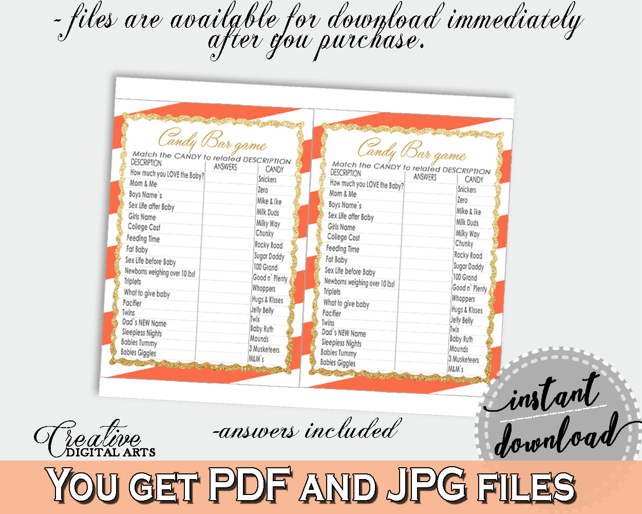 CANDY BAR baby shower game with orange stripe theme printable glitter, stripe baby shower, jpg pdf, digital files, instant download - bs003