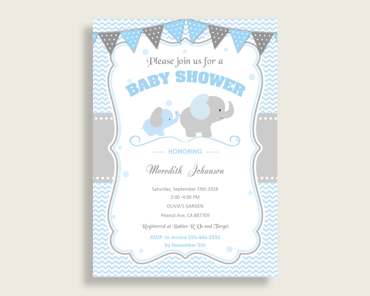 Elephant Baby Shower Invitations Printable, Digital Or Printed Invitation Baby Shower Boy, Editable Invitation Blue Grey Most Popular ebl02