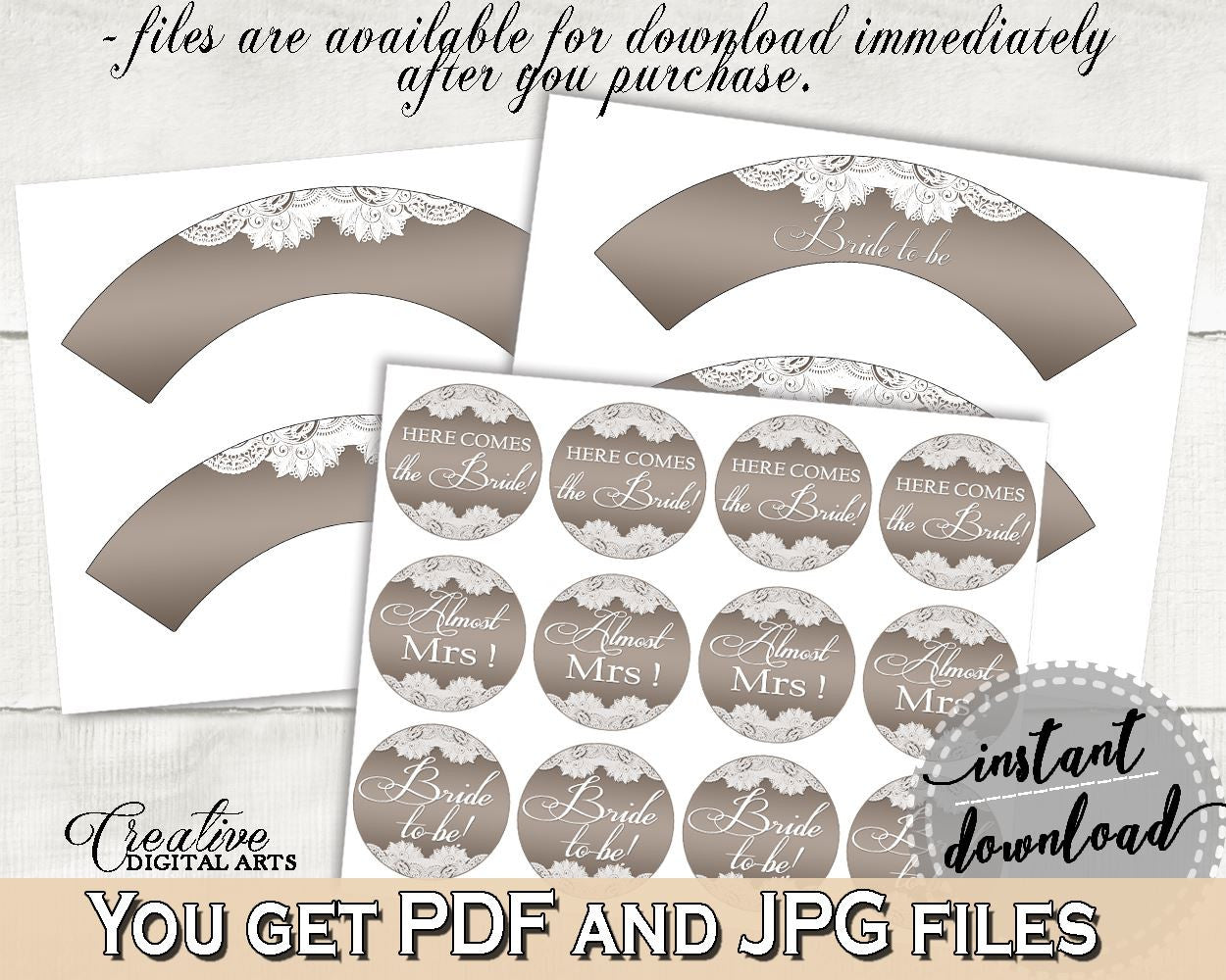 Cupcake Toppers And Wrappers in Traditional Lace Bridal Shower Brown And Silver Theme, cupcake casing, linen bridal, party theme - Z2DRE - Digital Product