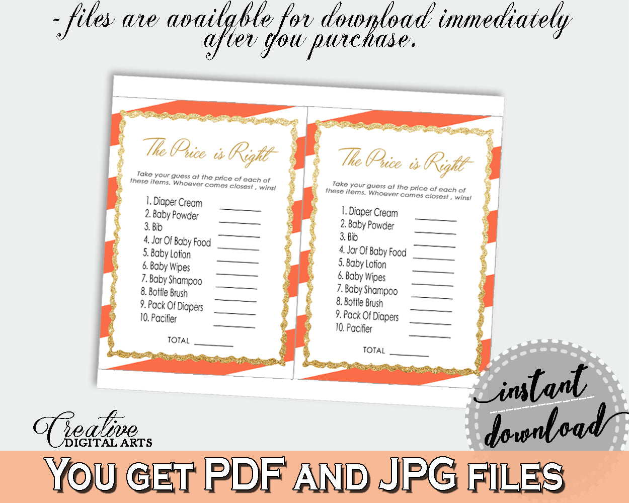 Baby Shower The PRICE IS RIGHT game with orange white striped theme printable, digital files Jpg Pdf, instant download - bs003