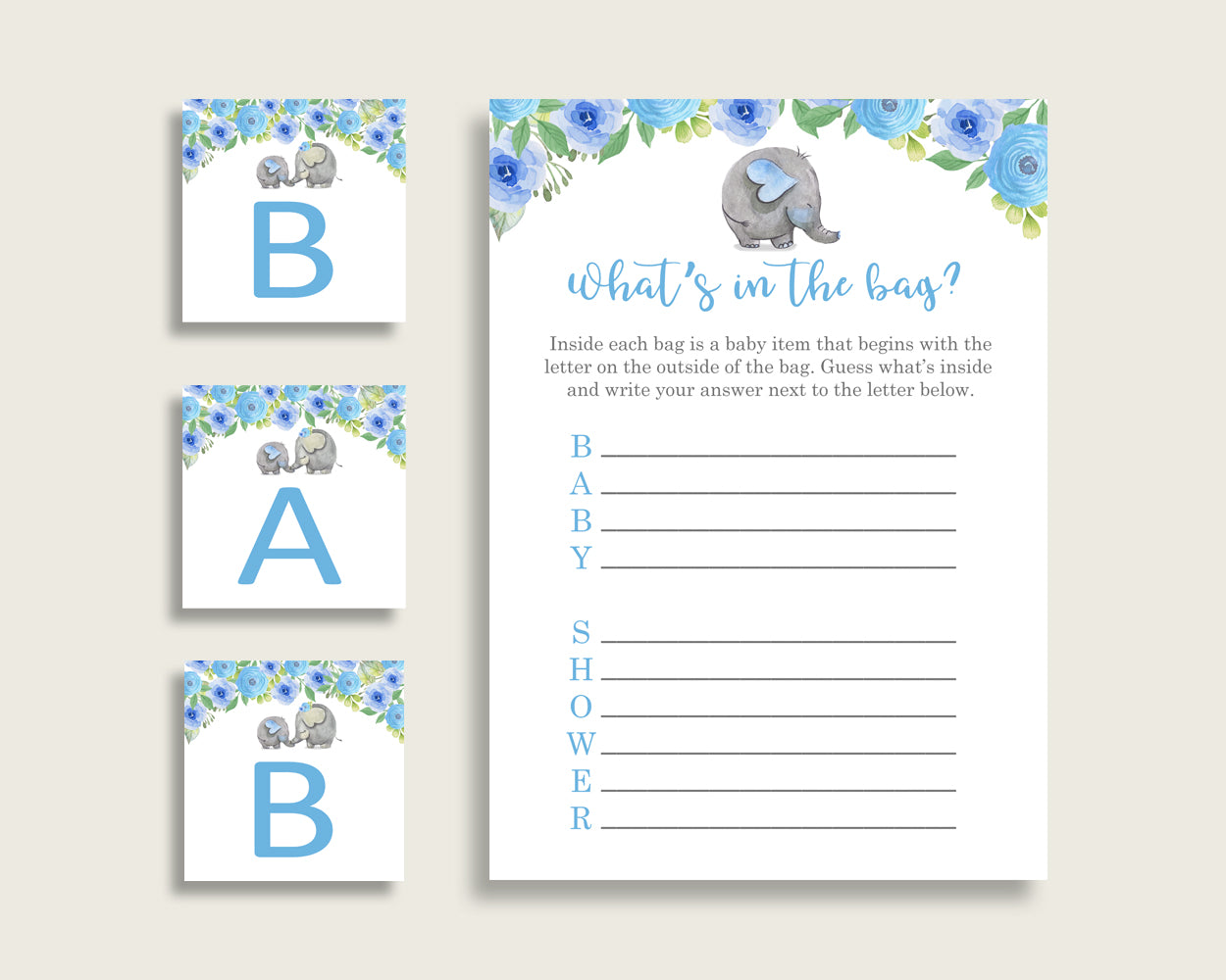 Elephant Blue Baby Shower What's In The Bag Game, Blue Gray Boy Bag Game Printable, Instant Download, Flowers Africa or Jungle ebl01