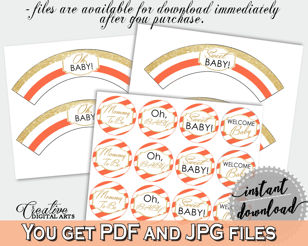 Baby shower orange CUPCAKE TOPPERS and cupcake WRAPPERS printable with glitter gold orange theme decorations, instant download - bs003