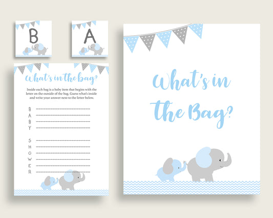 Elephant Baby Shower What's In The Bag Game, Blue Grey Boy Bag Game Printable, Instant Download, Little Peanut Most Popular ebl02