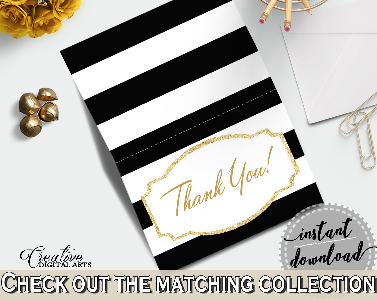 Baby shower THANK YOU card printable with black white color strips theme for girls or boys, digital jpg pdf, instant download - bs001