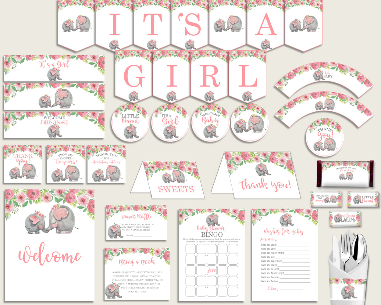 Pink Grey Baby Shower Decorations Girl Kit, Pink Elephant Baby Shower Party Package Printable, Instant Download, Trunk Tusks Snorky ep001