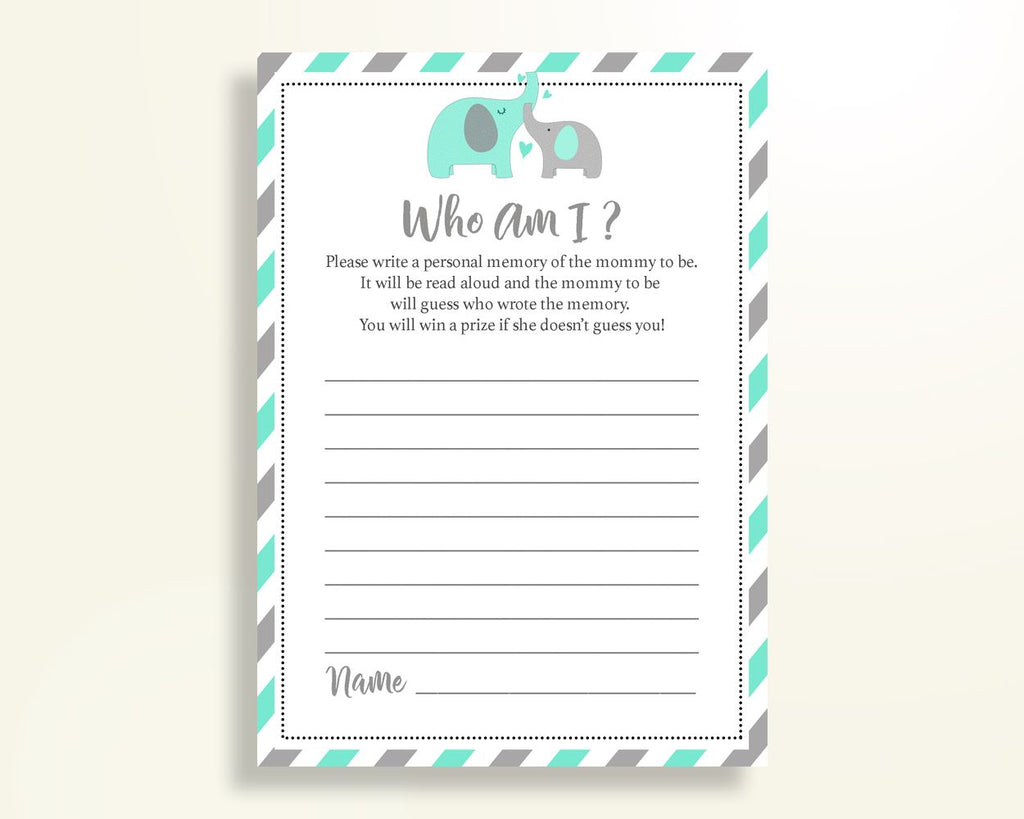 Who Am I Baby Shower Who Am I Turquoise Baby Shower Who Am I Baby Shower Elephant Who Am I Green Gray party decorations pdf jpg party 5DMNH - Digital Product