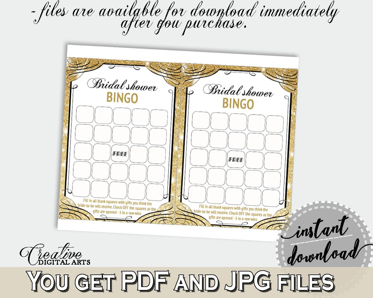 Glittering Gold Bridal Shower Bingo Gift Game in Gold And Yellow, empty bingo cards, glare shower, printables, prints, pdf jpg - JTD7P - Digital Product