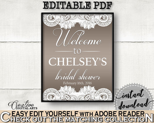 Traditional Lace Bridal Shower Bridal Shower Welcome Sign Editable in Brown And Silver, greet guests, shower celebration, prints - Z2DRE - Digital Product