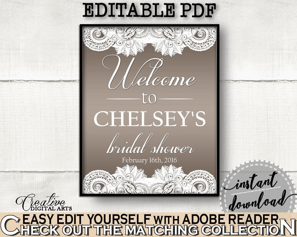 Traditional Lace Bridal Shower Bridal Shower Welcome Sign Editable in Brown And Silver, greet guests, shower celebration, prints - Z2DRE - Digital Product