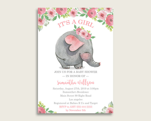 Pink Elephant Baby Shower Invitations Printable, Digital Or Printed Invitation Baby Shower Girl, Editable Invitation Pink Grey ep001