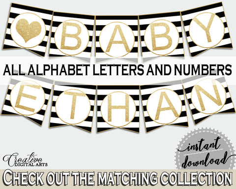 Baby shower BANNER decoration printable with black stripes color theme, glitter all letters, digital files, Jpg Pdf, instant download - bs001